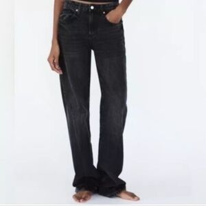 Zara Size 8 Black WashedWide Leg High Rise Frayed Relaxed Jeans Baggy